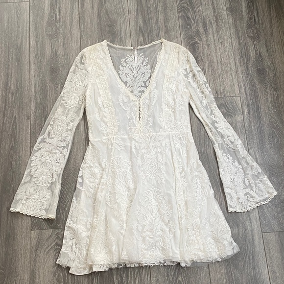 Free People - Ivory Lace Long Sleeve Mini Dress - Size 8 - Picture 1 of 10